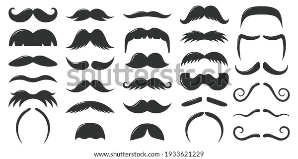 Moustaches symbols. Vintage male moustaches\
silhouette, funny black mustaches vector illustration set. Retro\
gentleman moustaches. Hipster man element for photo. Different\
accessories\
collection