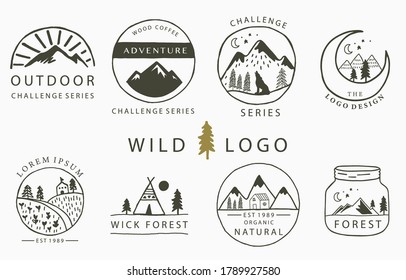 Colección de logotipos de montaña y casa con salvaje, natural, animal, tienda, círculo.Ilustración vectorial para icono, logotipo, tatuaje, accesorios y interiores