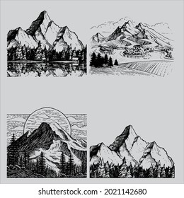 Moutains. Illustrations of mountains. Hand drawings. Manual drawing. Manual illustration. Mountains drawing. Linear black