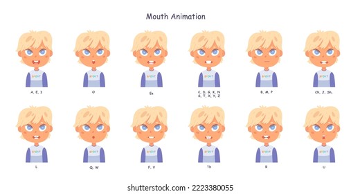 Mouth animation with different expression set of cute boy vector illustration. Cartoon isolated portrait of young male character making English sounds, lip sync pronunciation and talk movement.