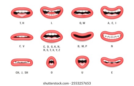 Animação de boca, gráfico de pronúncia de som realista para falar e expressões. Sinal de personagem de mulher vetorial, sincronizar fonemas animados para desenhos animados. Lábios falando em inglês para educação