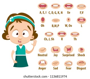 Mouth animation set for adorable girl in green dress. Lip sync collection for character animation. Flat style vector illustration isolated on white background.