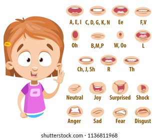 Mouth animation set for adorable little girl in pink shirt. Blonde hair and pink shirt. Lip sync collection for character animation. Flat style vector illustration isolated on white background.