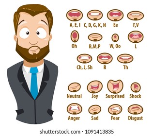 Mouth animation set for bearded businessman character. Lip sync collection for character animation. Flat style vector illustration isolated on white background.