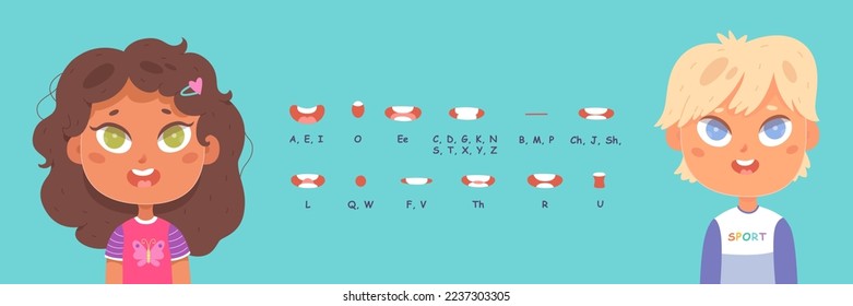 Mouth animation set for boy and girl characters vector illustration. Cartoon isolated lips sync and cute children pronounce and study English alphabet, pronunciation speech poses on blue background