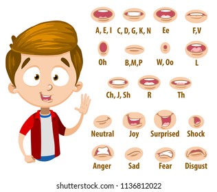 Mouth animation set for cute boy in red shirt. Lip sync collection for character animation. Flat style vector illustration isolated on white background.