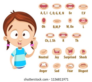 Mouth animation set for cute preschool girl in blue shirt. Lip sync collection for character animation. Flat style vector illustration isolated on white background.