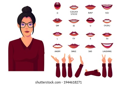 Mouth Animation Set With Female Cartoon Character For Lip Sync And Speech pronunciation With Various Hand Gestures Premium Vector.