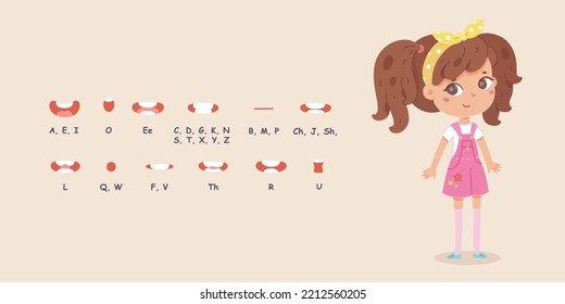 Mouth animation set for girl character vector illustration. Cartoon isolated lips sync and cute child pronounce and study English alphabet, pronunciation speech poses on blue background.