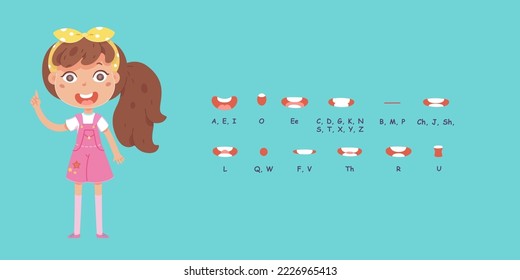 Mouth animation set for girl character vector illustration. Cartoon isolated lips sync and cute child pronounce and study English alphabet, pronunciation speech poses on blue background.