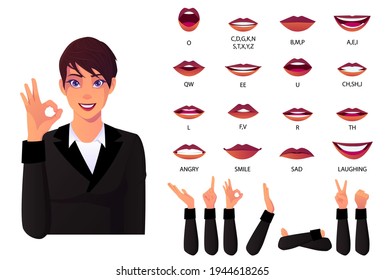 Mouth Animation Set And Lip Sync for Alphabet Businesswoman Pronunciation. Lips Animation with Different Lips Expressions and Emotions