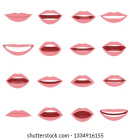 Mouth Animation Set. Mouths Pronounce Letters. Lip Movement. Various Open Mouth Options With Lips, Tongue And Teeth. Isolated Vector Illustration