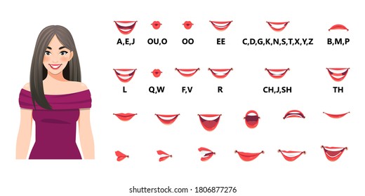 Mouth animation set. Mouths pronounce letters. Lip movement. Various open mouth options with lips, tongue and teeth. Isolated vector illustration