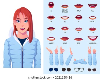 Mouth Animation Set with Woman Wearing Winter Jacket, Lip sync and Hand Gestures