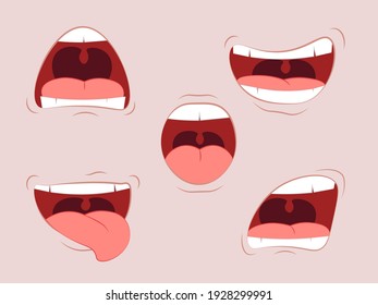 Mouth animation vector cartoon flat lips talk. Cartoon mouth expressions set. Vector illustration.