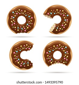 Mouth bite donuts. Sweet donut cake with bites, vector bitten chocolate circle biscuit with hole collection isolated on white background
