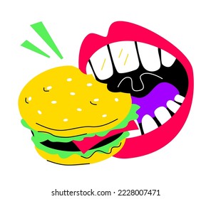 Mouth bites burger - colorful flat design style illustration with linear elements. Colored composition with hungry man grabbing fast food. Unhealthy food, snack, delicious takeaways and menu idea