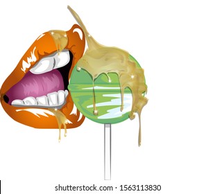 a mouth bites a candy on which honey flows