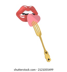 Mouth bites heart on fork. Happy Valentine’s Day. Red lips. All lovers Day decoration element. Colored Flat style in vector illustration. Isolated. Holidays celebrating. Poster, print and paper design