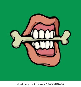 Boca mordiendo un hueso. Ilustración de vectores aislada en fondo verde