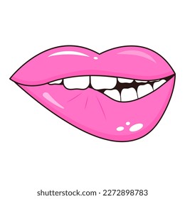 Mouth biting lower lip with teeth in pop art style. Female sexy lips.