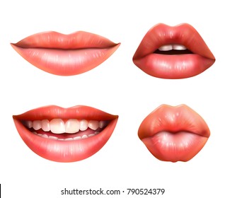 Mouth Body Language Icons Set With Red Lips Closed Turned Up Pursed And Smiling Realistic Vector Illustration