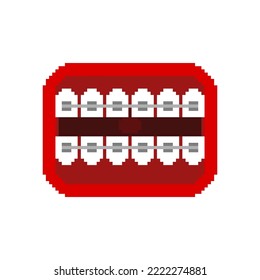 Mouth with braces Pixel art. 8 bit correction of occlusion and crooked teeth. pixelated Vector illustration