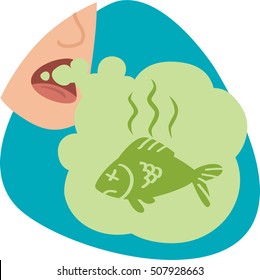 Mouth breath with dead fish smell. Stinky green cloud with dead fish. Isolated symbol. On blue background.