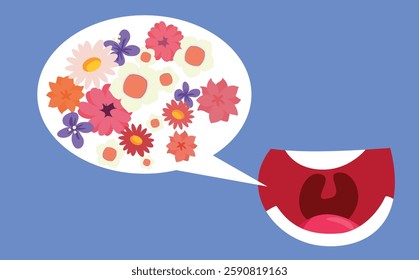 
Mouth with Breath Smelling of Flowers Vector Cartoon. Patient with good oral health based on a proper hygiene routine 
