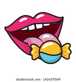 mouth and candy pop art elements vector illustration