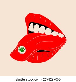 Mund mit einer Cannabis-Tablette. einzeln auf Hintergrund Cartoon, Vektorgrafik, Clip-Art