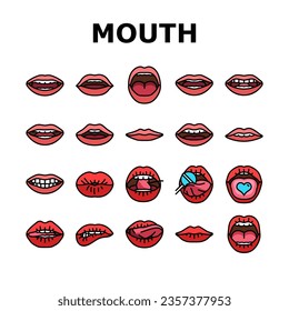 mouth character animation icons set vector. smile face, movement pronunciation, sync talk, expression speech, lip speak mouth character animation color line illustrations