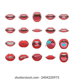 mouth character animation icons set vector. smile face, movement pronunciation, sync talk, expression speech, lip speak mouth character animation color line illustrations