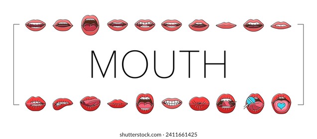 mouth character animation icons set vector. smile face, movement pronunciation, sync talk, expression speech, lip speak mouth character animation color line illustrations