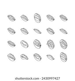 mouth character animation isometric icons set. smile face, movement pronunciation, sync talk, expression speech, lip speak mouth character animation color line
