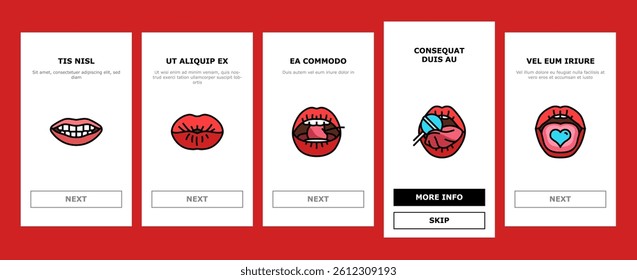 mouth character animation onboarding mobile vector. smile face, movement pronunciation, sync talk, expression speech, lip speak mouth character animation Illustrations
