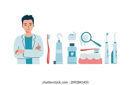 Mouth cleaning tools. Dental hygiene, oral care concept from dentist.Toothbrush, toothpaste, mouthwash, dental floss. Flat vector illustration