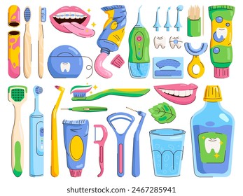 Mouth cleaning tools. Oral hygiene teeth care dental tools, mouthwash mint toothpaste flossing toothpicks toothbrush tooth brush floss medical accessory, swanky vector illustration of dental hygiene