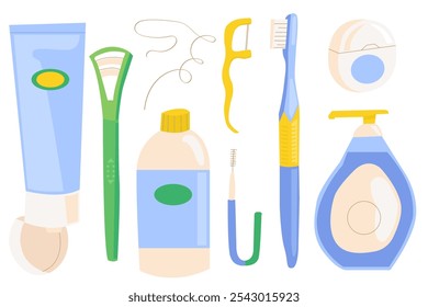 Herramientas de limpieza bucal. Higiene bucal cuidado de los dientes herramientas dentales, enjuague bucal pasta de dientes de menta hilo dental palillos de dientes cepillo de dientes cepillo de dientes hilo dental accesorio médico, higiene dental. Ilustración vectorial