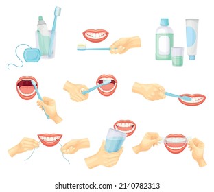Mouth cleaning tools set. Human hands with toothbrush and toothpaste. Oral hygiene, dentistry vector illustration