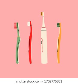 Mouth cleaning tools. Set of various Toothbrushes. Dental hygiene, Oral care, healthcare concept. Side view. Hand drawn colored Vector illustration. All elements are isolated