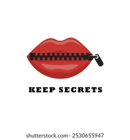 a boca está fechada pelo zíper. Logotipo "Keep Secrets" (Manter segredos)