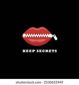 La boca está cerrada por la cremallera. Logo "Keep Secrets"