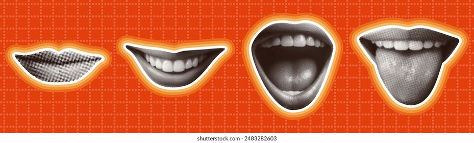 mouth collage set concept template design with tongue out open female lips teeth isolated trendy retro halftone dotted grunge texture cut-out vintage pop art style elements