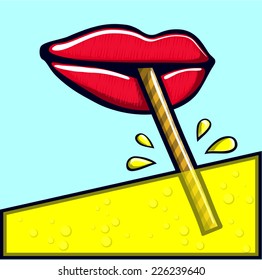 mouth drinking beverage with straw, red lipstick, refreshing cold drinks, vector illustration