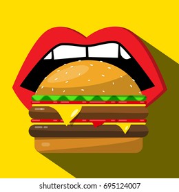 Mouth Eating Hamburger. Vector Flat Cartoon.