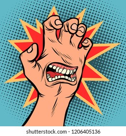 mouth emotion anger hand scratch gesture. Comic cartoon pop art retro vector illustration drawing