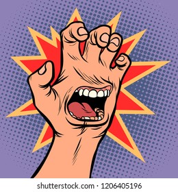 mouth emotion anger hand scratch gesture. Comic cartoon pop art retro vector illustration drawing