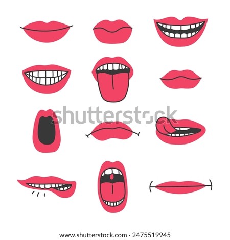 Mouth Emotion Expression Set. Hand drawn Facial emoticons collection with red lips white teeth Tongue. Isolated vector illustration