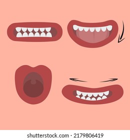 mouth in exercise position for speech therapy, illustration for speech therapist. Cartoon mouth in different positions
